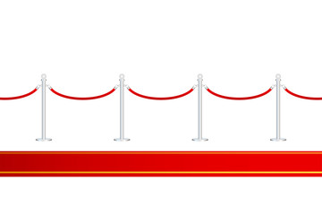 Red carpet with red ropes on golden stanchions. Exclusive event, movie premiere, gala, ceremony, awards concept. Vector illustration.