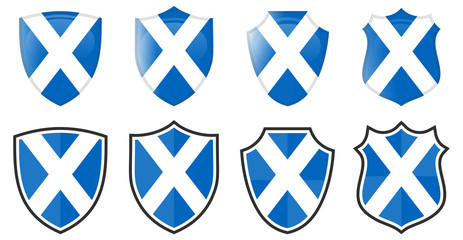 Scotland flag in shield shape, four 3d and simple versions. Scottish icon / sign