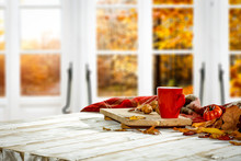 Wooden Window Of Autumn With Free Space For Your Decoration. 
