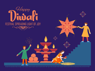 Poster - illustration of Indian people celebrating on Happy Diwali Hindu Holiday background for light festival of India