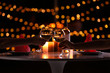 canvas print picture - Young couple with glasses of wine having romantic candlelight dinner at table, closeup