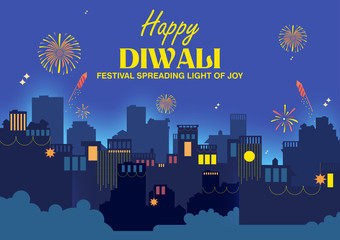 illustration of Firework on Indian cityscape for Happy Diwali Holiday background for light festival of India