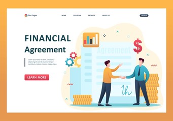 Poster - concept of creating a financial agreement, partners conclude an agreement. flat 2d character. landin