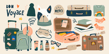 Travel Stuff. Various Luggage Bags, Suitcases, Cosmetics, Clothes. Vacation, Holiday. Hand Drawn Vector Set. Colorful Trendy Illustration. Cartoon Style. Flat Design. All Elements Are Isolated