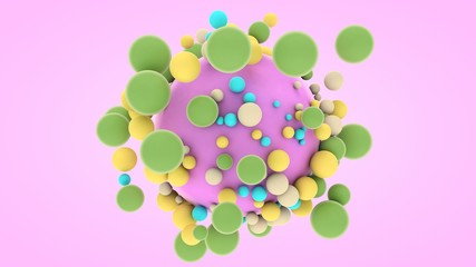 Poster - 3D rendering of a large purple sphere and many small colored balls around. The image of an ideal geometric composition, the molecular structure of happiness. Abstraction, futuristic design.