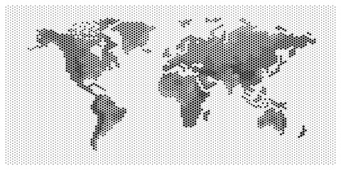 flat pixel dots world map with Atlantic Ocean in the design of points dots of hexagons. Planet Earth background Dotted banner. All the continents of the world in one picture of hexagons pixel Dotted.