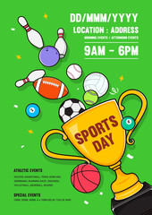 Sticker - Sports Day Poster Invitation Vector illustration. Trophy with sport equipments on green background.