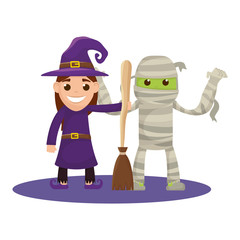 Canvas Print - little kids with witch and mummy costumes characters