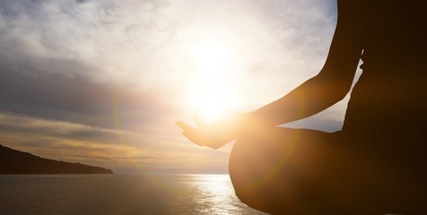 Poster - Human silhouette meditating at sunset, yoga relax