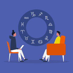 astrologer session. fortune telling. zodiacal signs. horoscope. flat editable vector illustration, c