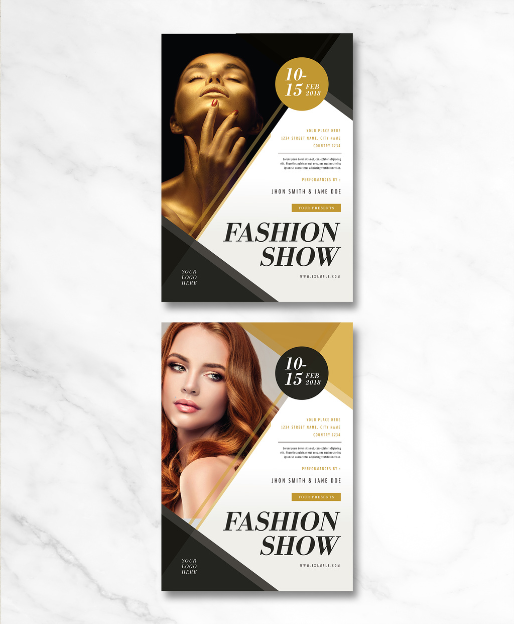 Fashion Show Flyer Layout with Gold Accents Stock Template | Adobe Stock, image size:1024x1242