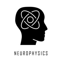 Wall Mural - Neurophysics glyph icon. Nervous system, human brain studying. Neurobiophysics. Neuroscience research. Cognitive neuroscience. Silhouette symbol. Negative space. Vector isolated illustration