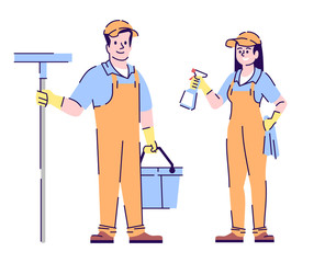 Sticker - Cleaners couple flat vector characters. Woman and man janitors, housekeepers cartoon illustration with outline. Housekeeping, housework chores. Cleaning service workers isolated on white background