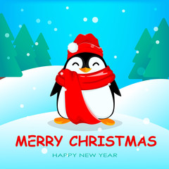 Sticker - Cute little penguin in winter forest