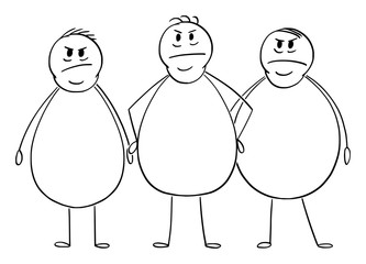 Wall Mural - Vector cartoon stick figure drawing conceptual illustration of group of three angry overweight or fat men.