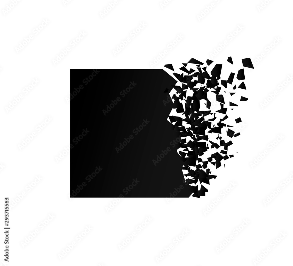 exploding square with debris. Isolated black square on white background. Concept, template for sale. 3d effect of particles. Vector illustration EPS 10