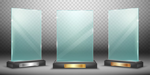 Wall Mural - glass trophy or winner award realistic vector illustration. transparent crystal or acrylic frame on 