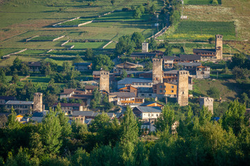 Areal view of beautiful old village Mestia with its Svan Towers. Great place to travel. Georgia.