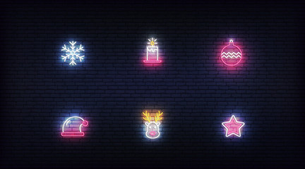 Wall Mural - Christmas neon icons. Vector glowing neon colorful symbols for Xmas and New Year