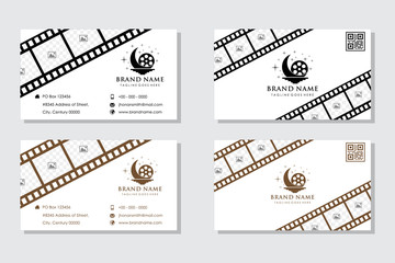 Business card template. Film strip conceptual logo. Vector illustration. layout space for photo collage on top and bottom. white background. black and brown colors on the object.