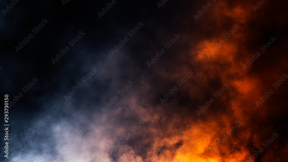 Abstract blue and orange smoke steam moves on a black background . Fog texture. - obrazy, fototapety, plakaty 