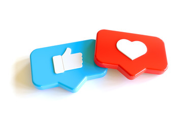 3d social media network love and like heart and thumbs up icon rendering white background in red and