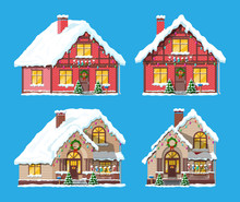 Suburban House Covered Snow. Building In Holiday Ornament. Christmas Tree Spruce, Wreath. Happy New Year Decoration. Merry Christmas Holiday. New Year And Xmas Celebration. Vector Illustration