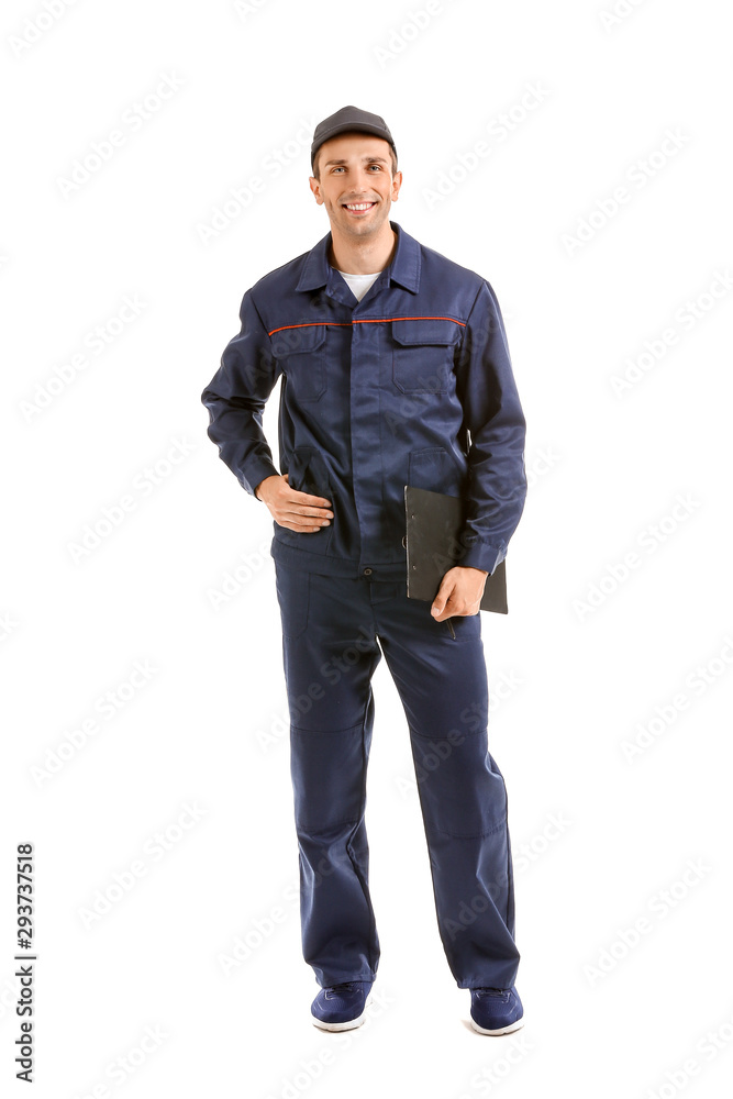 Male car mechanic on white background