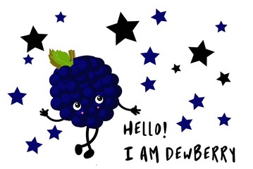 Wall Mural - Hi, I'm a dewberry. Greeting card with berries for children. Kawaii cartoon character