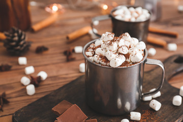 Wall Mural - Cup of hot chocolate with marshmallows on table