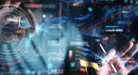 Aufkleber - Businessman using digital technological interface with datas 3D rendering