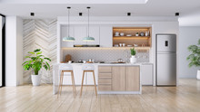 Modern Contemporary  Kitchen Room Interior .white And Wood Material 3d Render