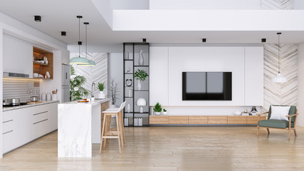 modern contemporary living and kitchen room interior .white and wood material 3d render