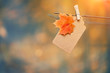 beautiful autumn background. bright maple leaf and empty paper tag on tree branch. autumn forest landscape, fall season concept. creative minimalism design. soft selective focus