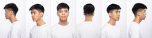 Collage Pack Group Of Asian Teenager Man Before Make Up Hair Style. No Retouch, Fresh Face With Nice And Smooth Skin. Rear Side Back View Studio Lighting White Background Isolated 360