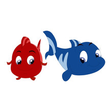 Blue And Red Fish With Expressions - Cartoon Vector Image
