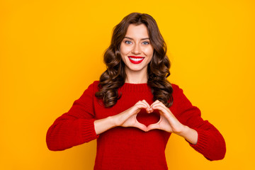 Canvas Print - Photo of charming cheerful cute pretty sweet girlish feminine girlfriend showing you heart like sign isolated over yellow vivid color background