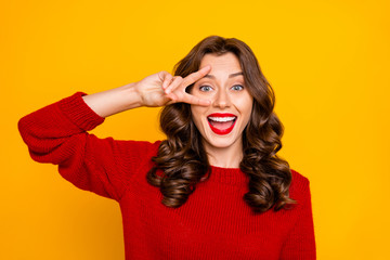 Sticker - Photo of charming cute funny cheerful nice pretty sweet girlfriend showing you v-sign near her eye excited isolated over vivid color yellow background