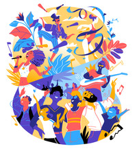 Poster For Summer Music Festival, Celebration, Holiday Party. A Group Of People Is Happy To Be Together Celebrating A Special Event. Vector Illustration