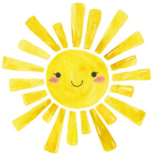 Yellow Watercolor Sun, Cartoon Illustration