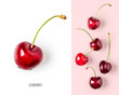 Cherry fruits creative layout on pink background