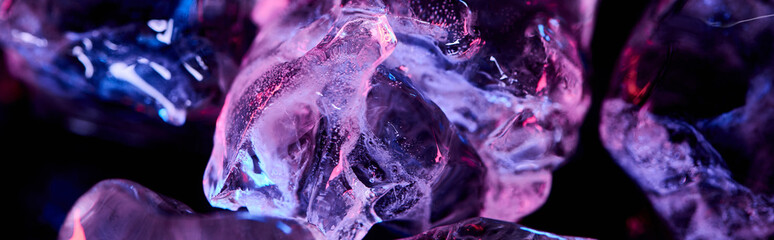 Wall Mural - panoramic shot of transparent ice cubes with purple colorful lighting isolated on black