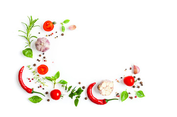 Wall Mural - Cherry tomatoes and chilli pepers with garlic top view