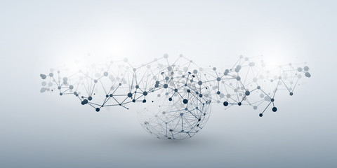 Poster - Black and White Modern Minimal Style Cloud Computing, Networks Structure, Telecommunications Concept Design, Network Connections, Transparent Geometric Wireframe, Polygonal Sphere -Vector Illustration