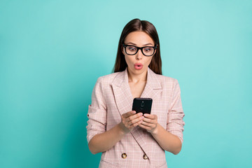 Sticker - Portrait of nice attractive lovely smart clever astonished amazed straight-haired lady using device gadget reading notification isolated over bright vivid shine blue green teal turquoise background