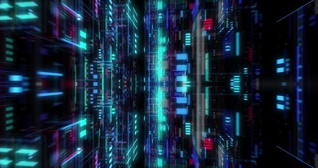Poster - seamless loop of abstract matrix hologram digital data flow. fly through time and space, warp throug