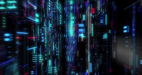 Poster - Flying over abstract motion background, a futuristic circuit board, Digital motherboard. Digital grid, CPU Processing, Digital network, Computing, GPU gaming, Web, internet. 3D render