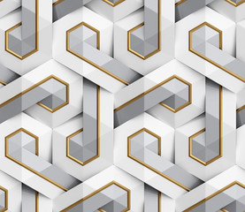 Wall Mural - 3D Wallpaper of white 3D panels geometric knot with gold decor stripes and silver element. Shaded geometric modules. High quality seamless texture.