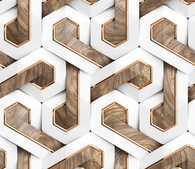 Wall Mural - 3D Wallpaper of white 3D panels geometric knot with gold decor stripes and precious wood element. Shaded geometric modules. High quality seamless texture.