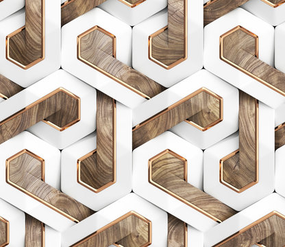 Wall Mural -  - 3D Wallpaper of white 3D panels geometric knot with gold decor stripes and precious wood element. Shaded geometric modules. High quality seamless texture.